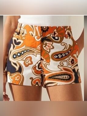 J Crew Women’s 8 Stretch Floral Print Orange Black  Shorts Side Zip Paisley Boho